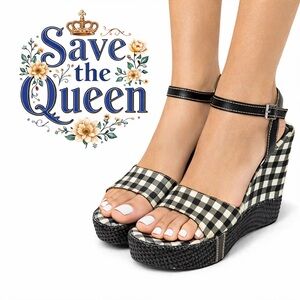 Save The Queen Wedge Sandals Black White Fabric Checks EU 37 US 7 Made In Italy